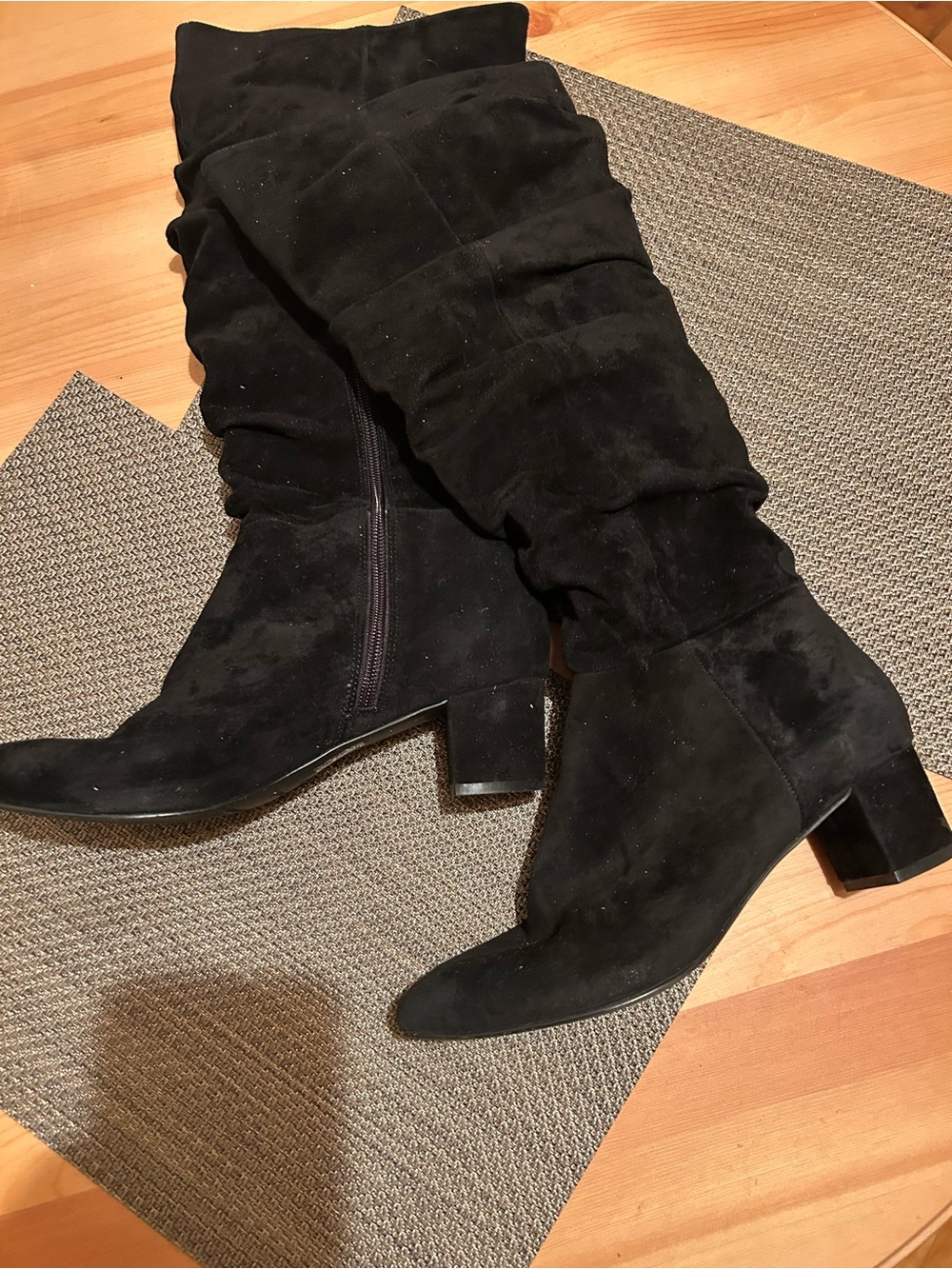 Black Suede Mid-Heel Knee-High Boots